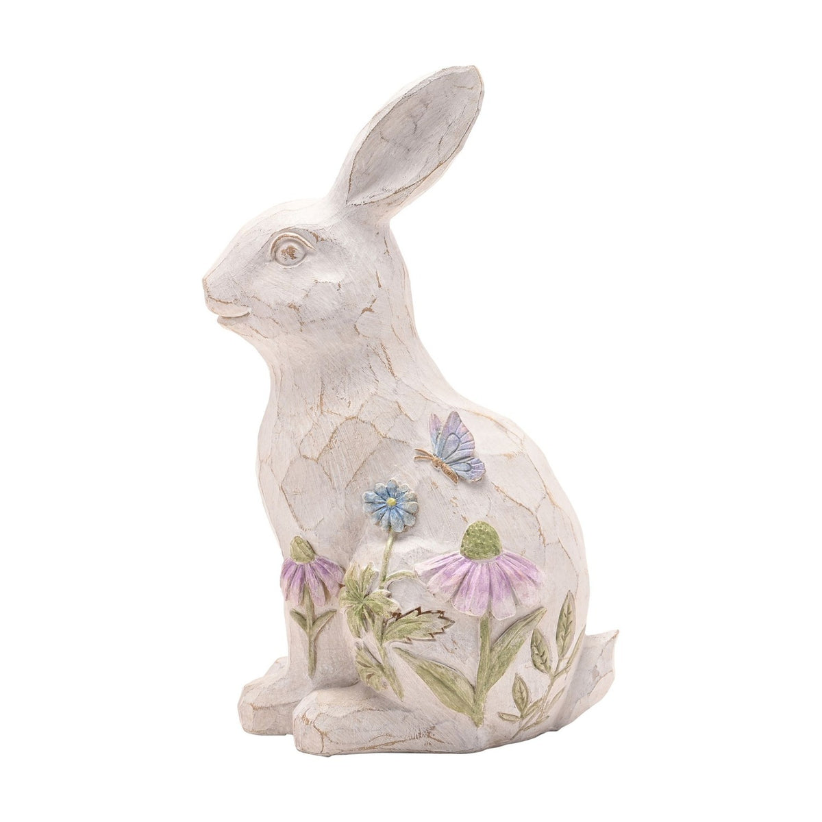 Spring Rabbit Resin Figurine with Embossed Flowers - Cream