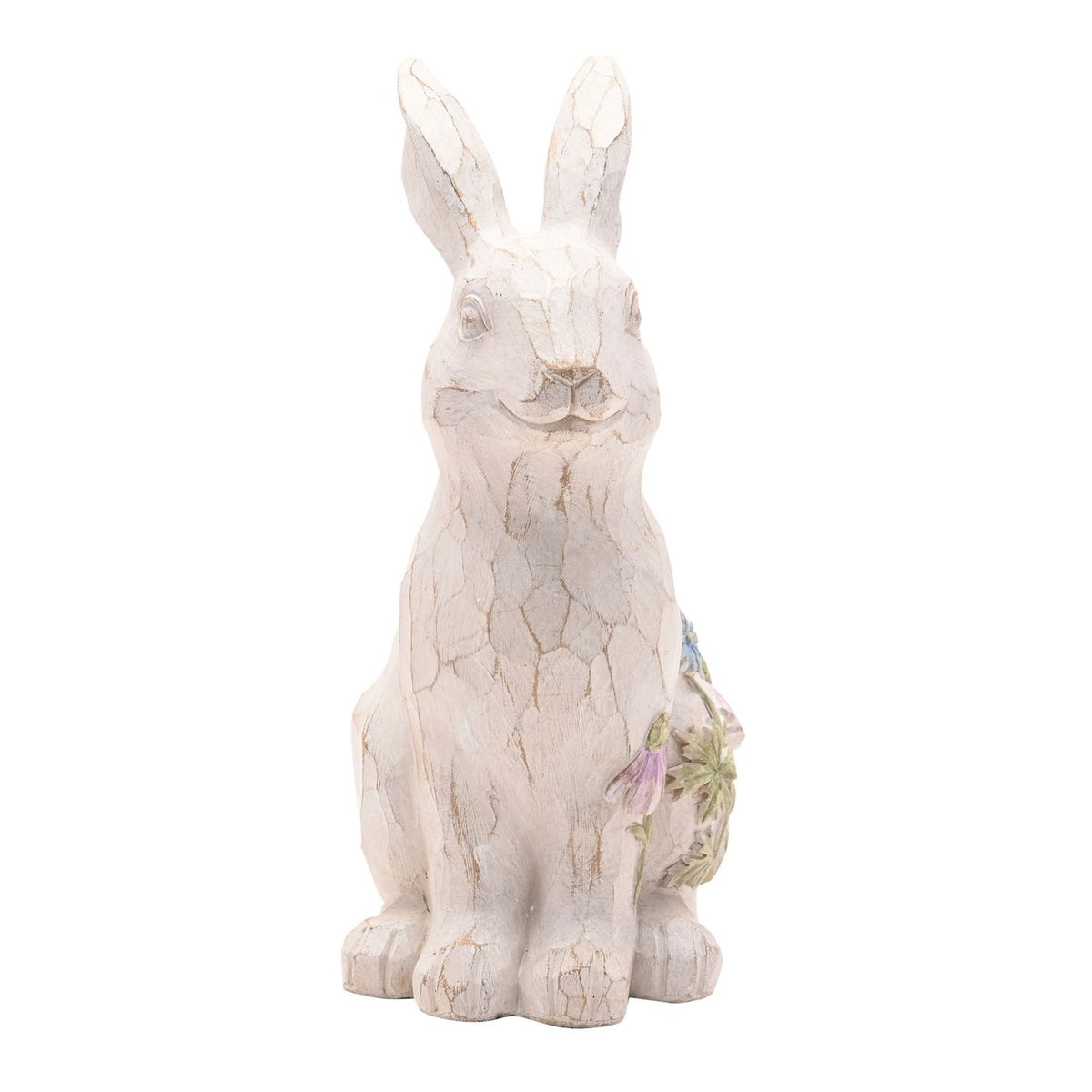 Spring Rabbit Resin Figurine with Embossed Flowers - Cream