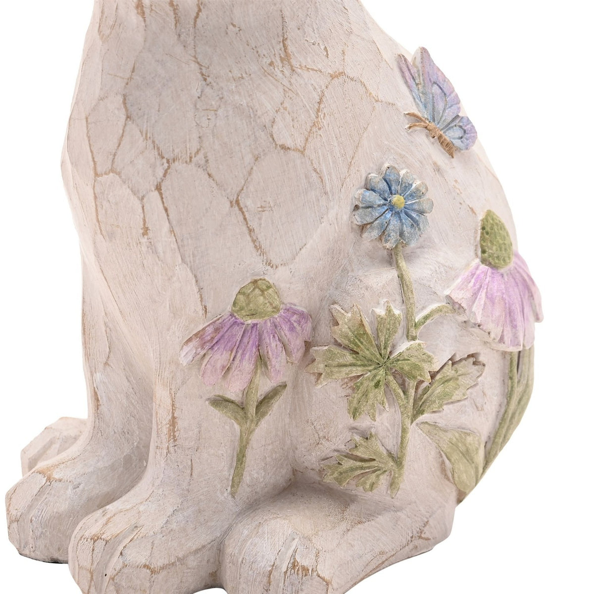 Spring Rabbit Resin Figurine with Embossed Flowers - Cream