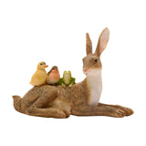 Lying Rabbit Resin Figurine with Chick, Robin & Frog - Brown