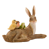 Lying Rabbit Resin Figurine with Chick, Robin & Frog - Brown