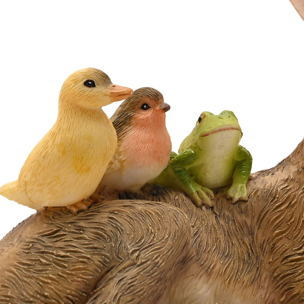 Lying Rabbit Resin Figurine with Chick, Robin & Frog - Brown