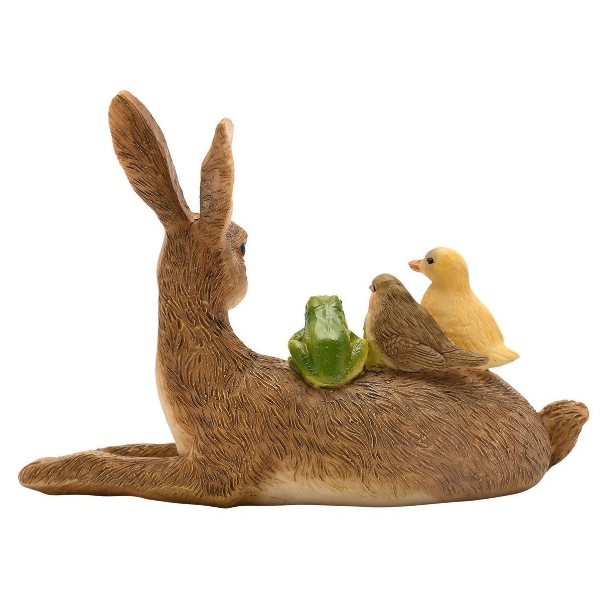 Lying Rabbit Resin Figurine with Chick, Robin & Frog - Brown