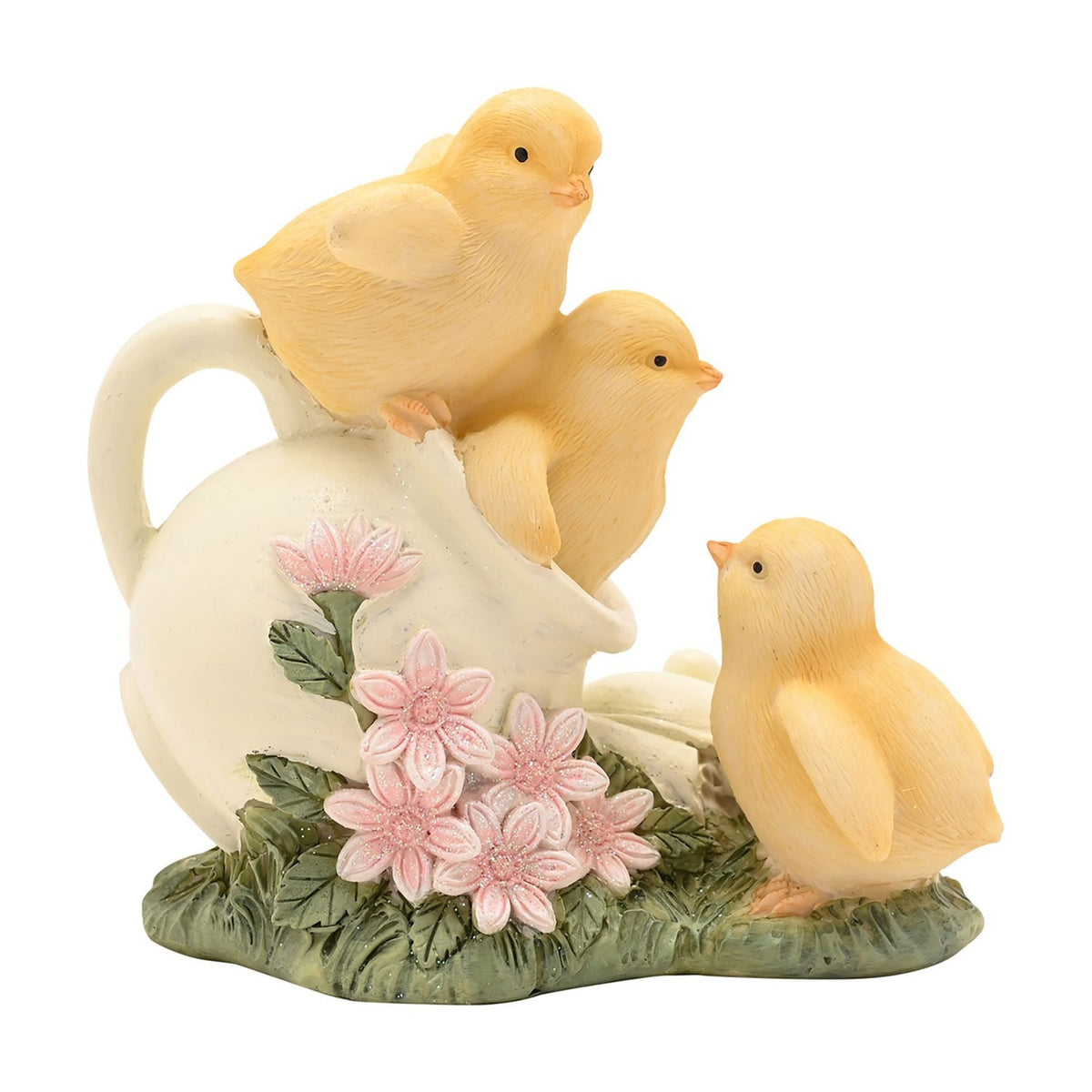 Three Easter Chicks on Jug Resin Figurine with Pink Flowers