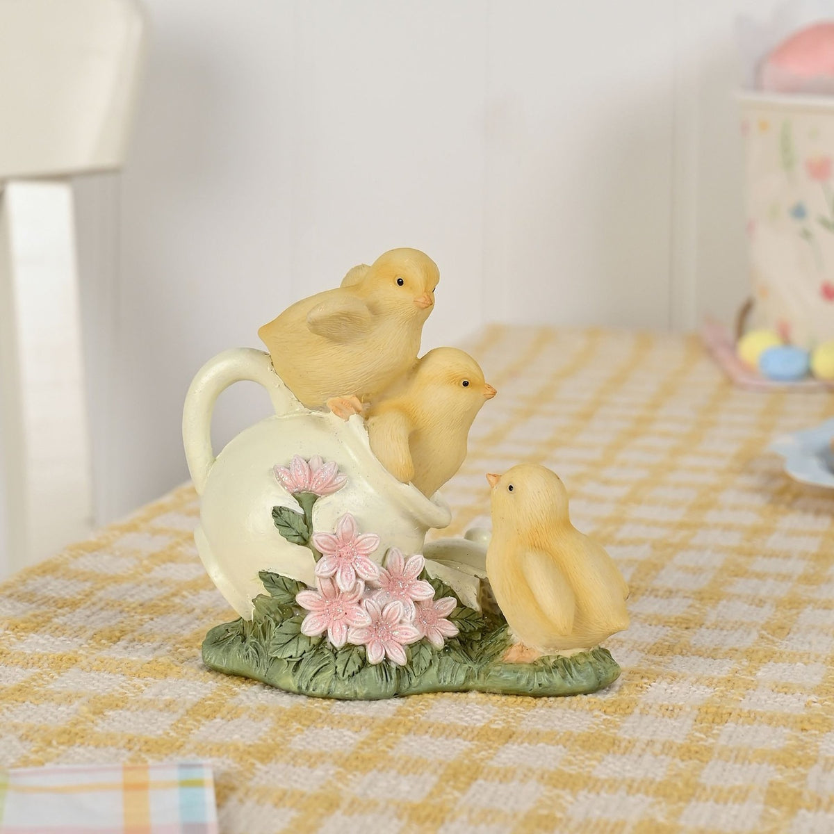 Three Easter Chicks on Jug Resin Figurine with Pink Flowers