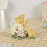 Three Easter Chicks on Jug Resin Figurine with Pink Flowers