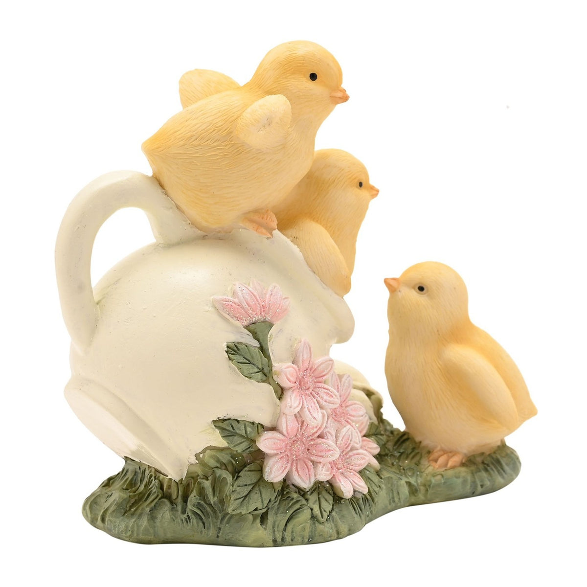 Three Easter Chicks on Jug Resin Figurine with Pink Flowers