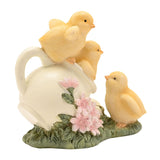 Three Easter Chicks on Jug Resin Figurine with Pink Flowers