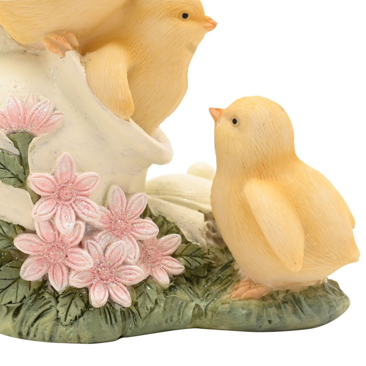 Three Easter Chicks on Jug Resin Figurine with Pink Flowers