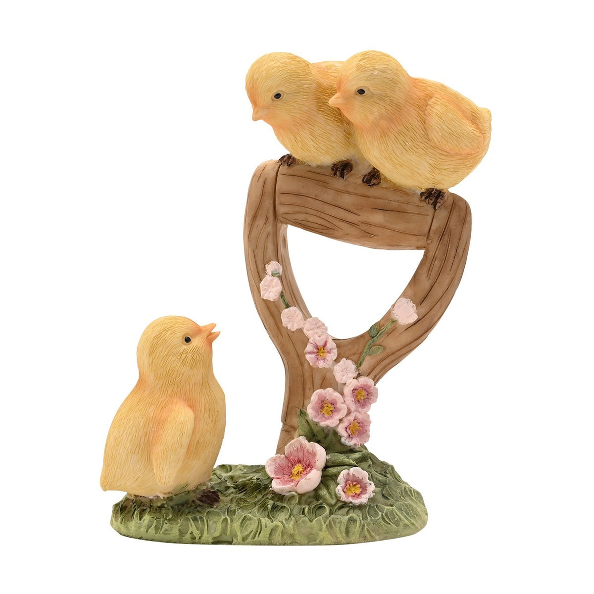 Three Chicks and Shovel Resin Figurine with Pink Blossom