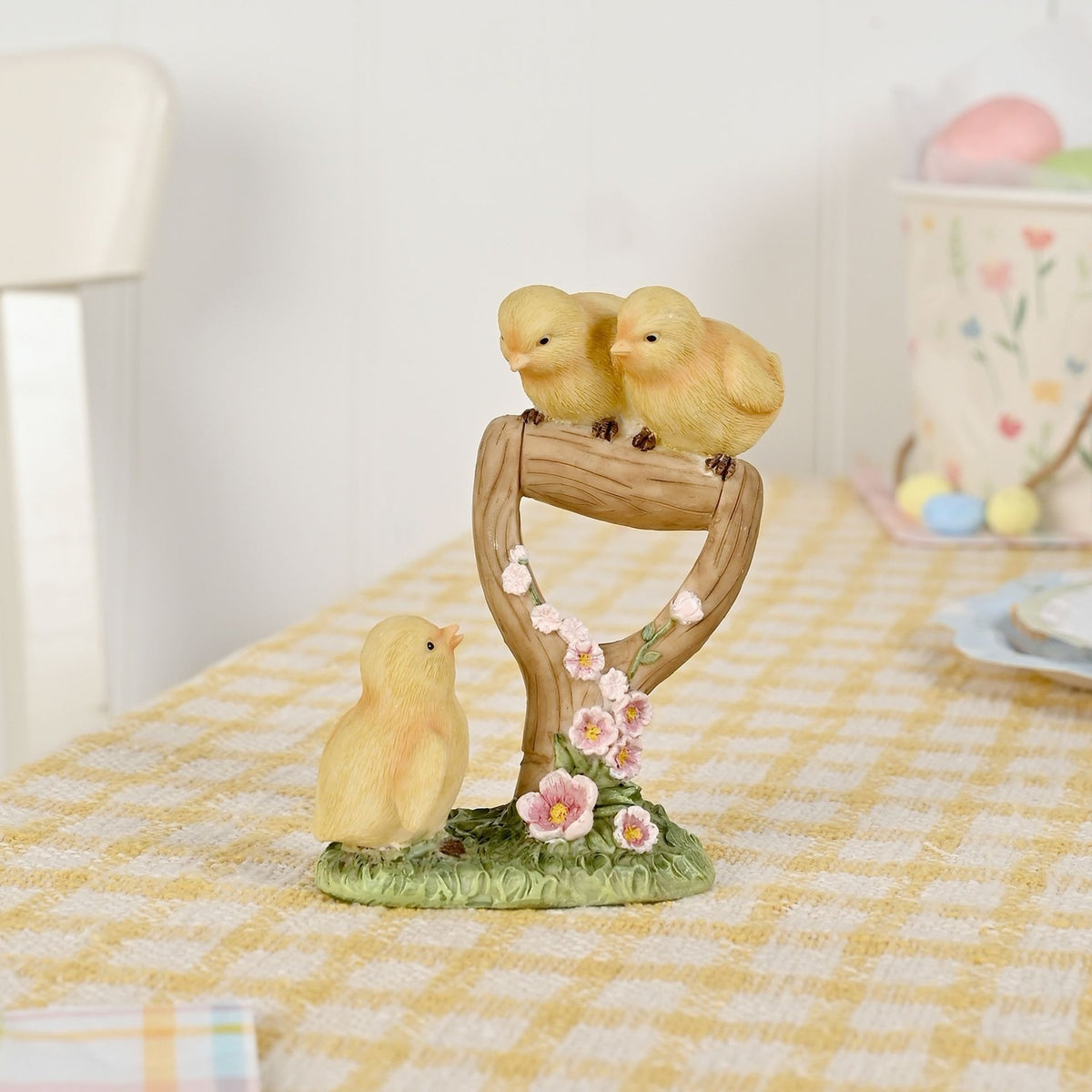 Three Chicks and Shovel Resin Figurine with Pink Blossom