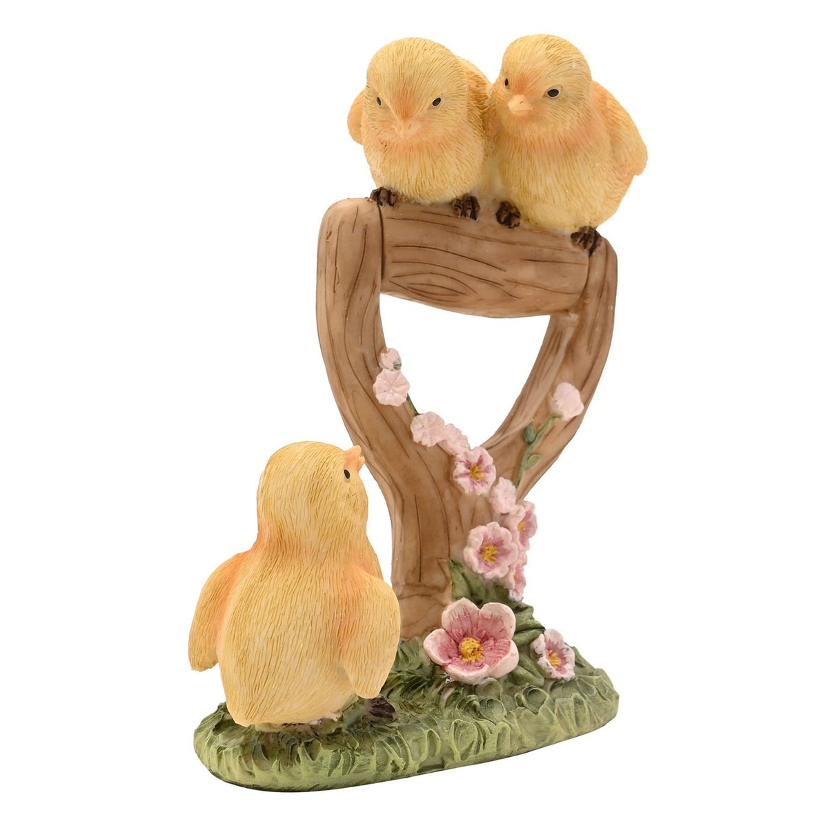 Three Chicks and Shovel Resin Figurine with Pink Blossom