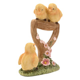 Three Chicks and Shovel Resin Figurine with Pink Blossom