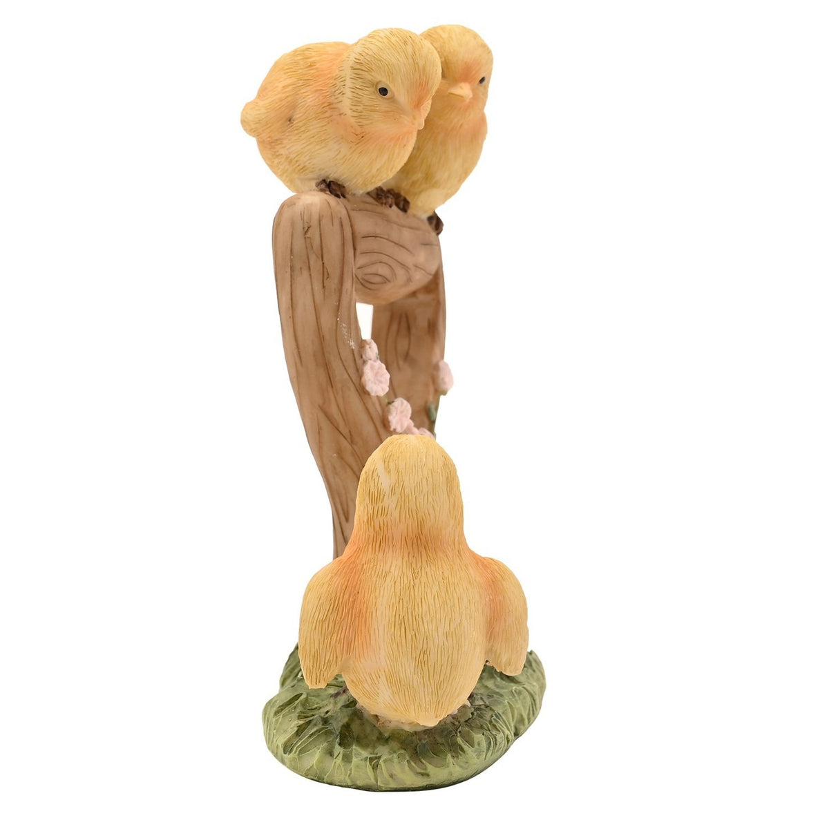 Three Chicks and Shovel Resin Figurine with Pink Blossom
