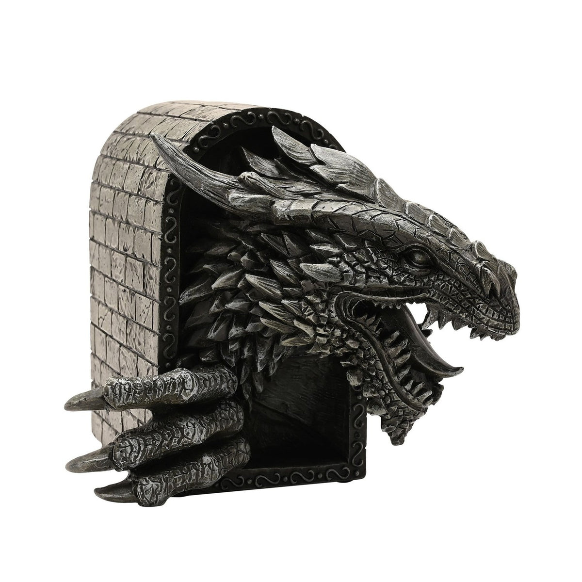Grey resin figurine of a roaring dragon with clawed foot breaking through a brick archway, sculpted scales, horns and teeth, scrolled border, on a plain white background.