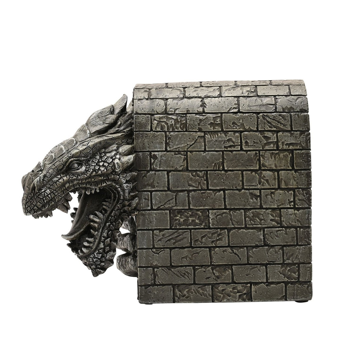 Resin figurine of a roaring grey dragon head and clawed foot breaking through a brick archway, with deeply sculpted scales and brick-textured sides, on a white background.