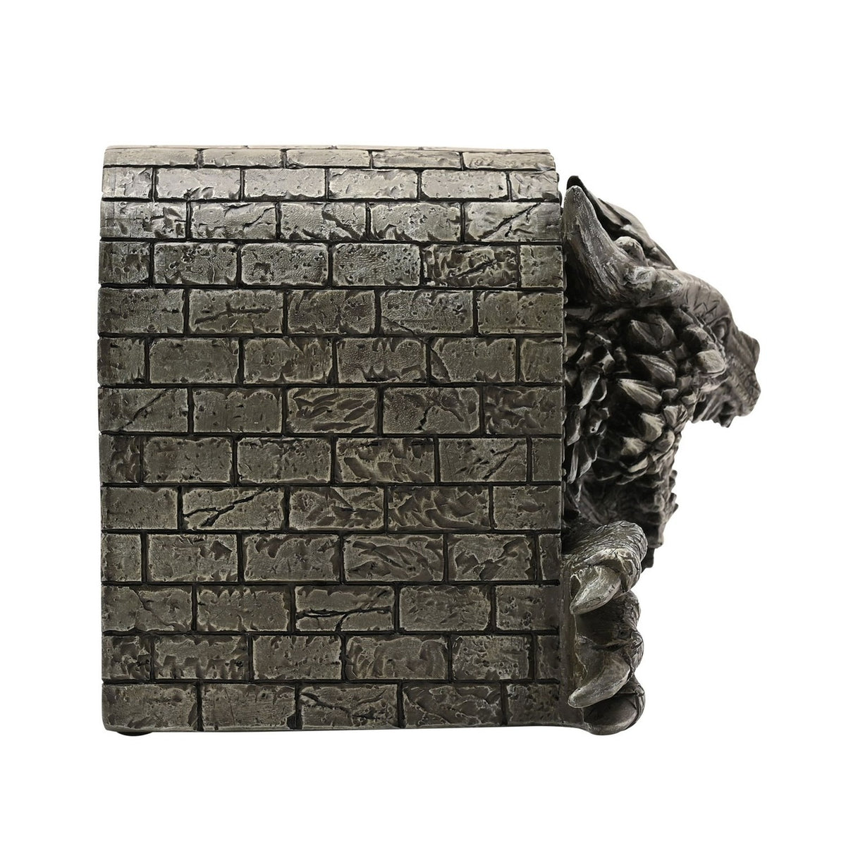Grey resin figurine of a roaring dragon's head and clawed foot breaking through a brick archway, with brick-textured sides and back, shown on a white background.