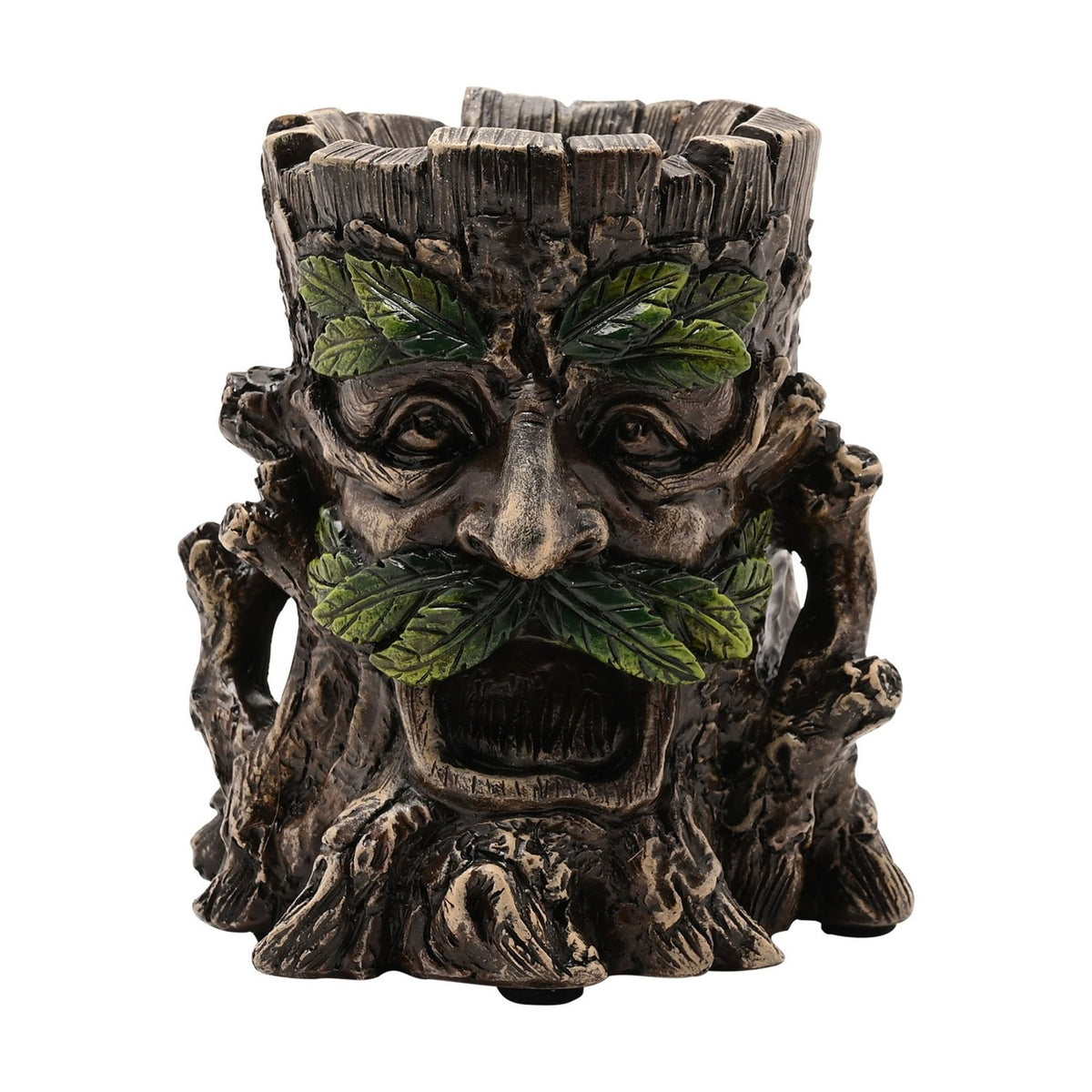Green Man Tree Trunk Resin Tealight Candle Holder - Bronze