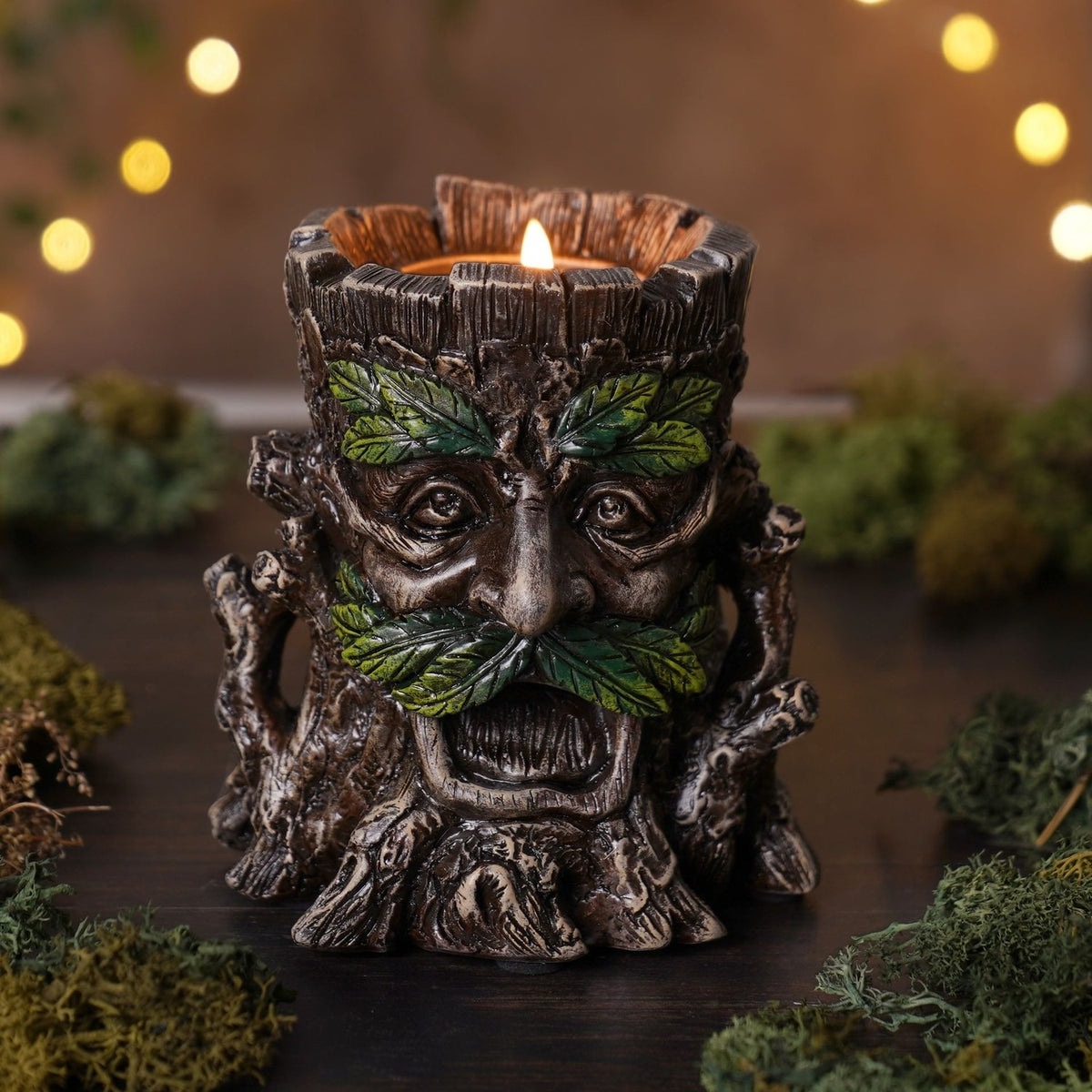 Green Man Tree Trunk Resin Tealight Candle Holder - Bronze