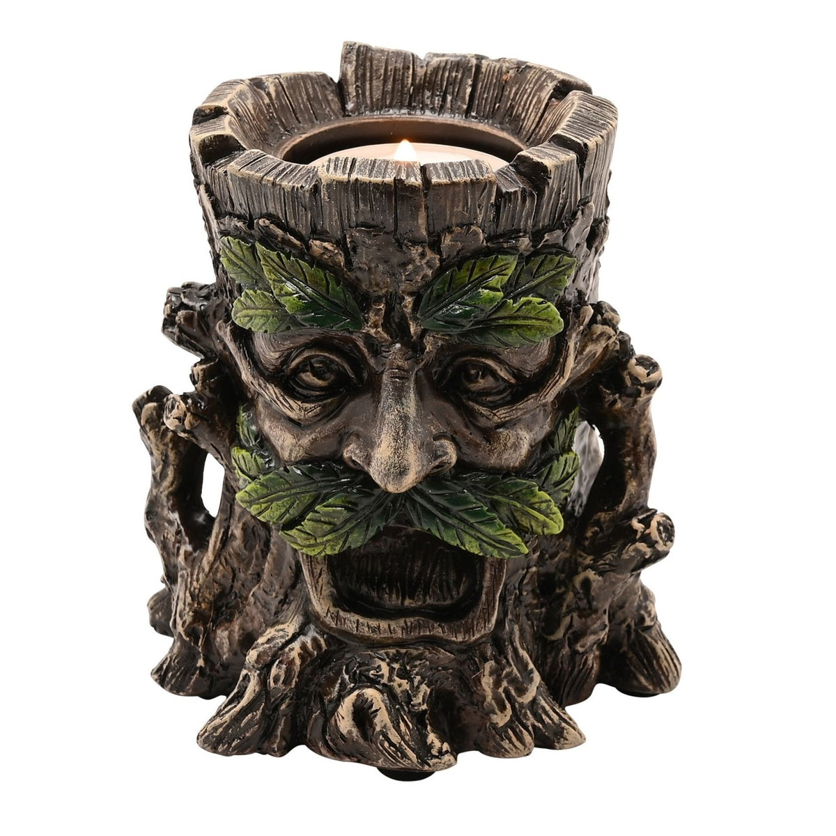 Green Man Tree Trunk Resin Tealight Candle Holder - Bronze