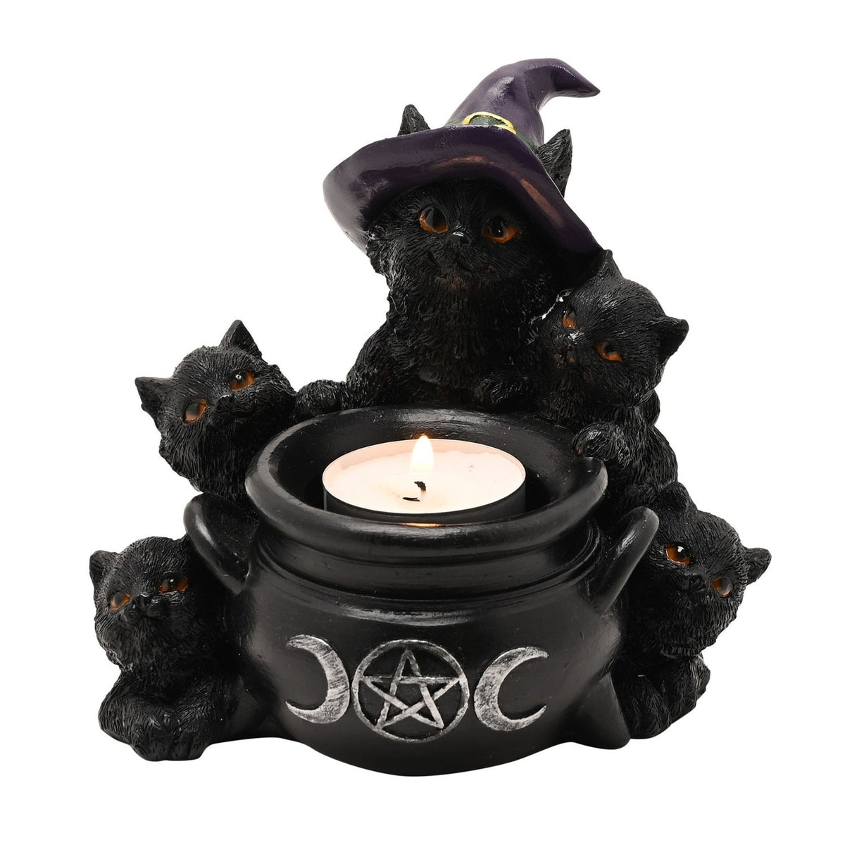 Black resin tealight candle holder shaped as a cauldron with silver pentagram and moon emblem, surrounded by five black cats, one wearing a purple witch's hat, on a white background.
