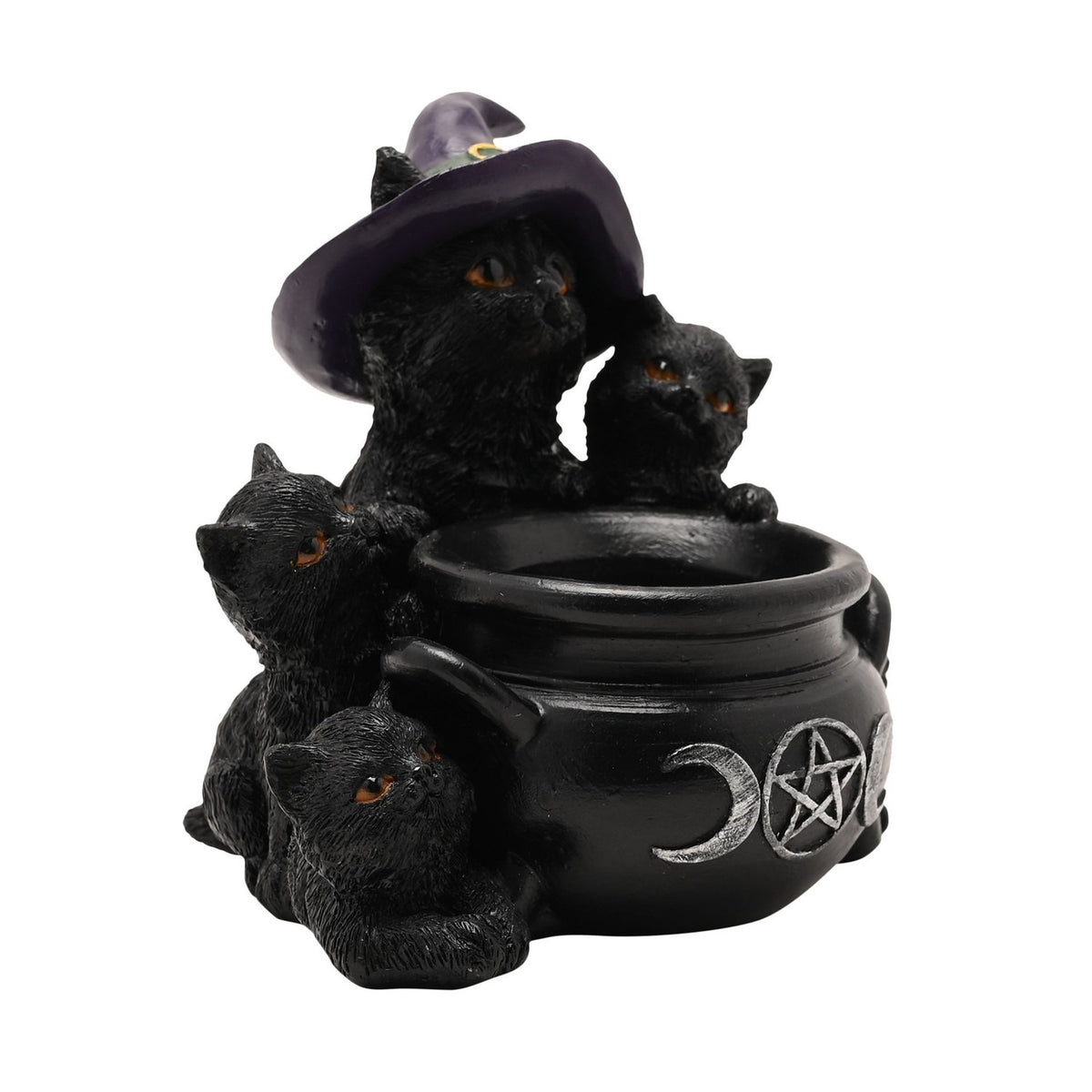 Black resin tealight holder with five black cats around a cauldron featuring moon and pentagram emblems, largest cat wearing a purple witch hat.