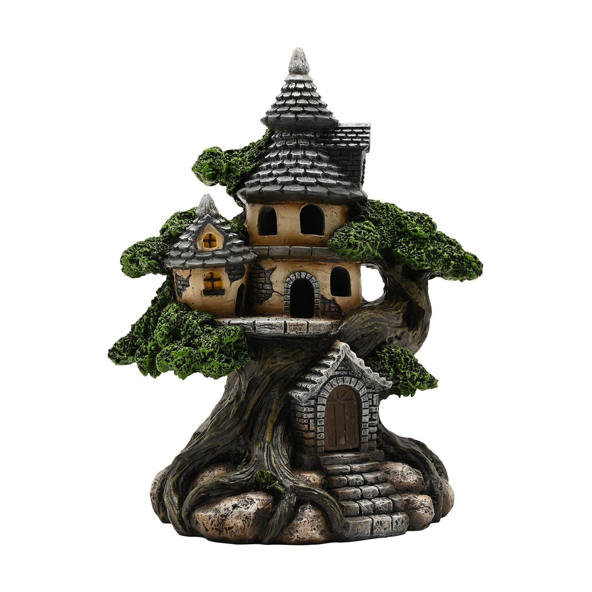 LED Treehouse Resin Light-Up Decoration, 19.8cm, depicting a turreted cottage with grey slate roofs and spires built into a tree trunk with green foliage and stone steps, on a white background.