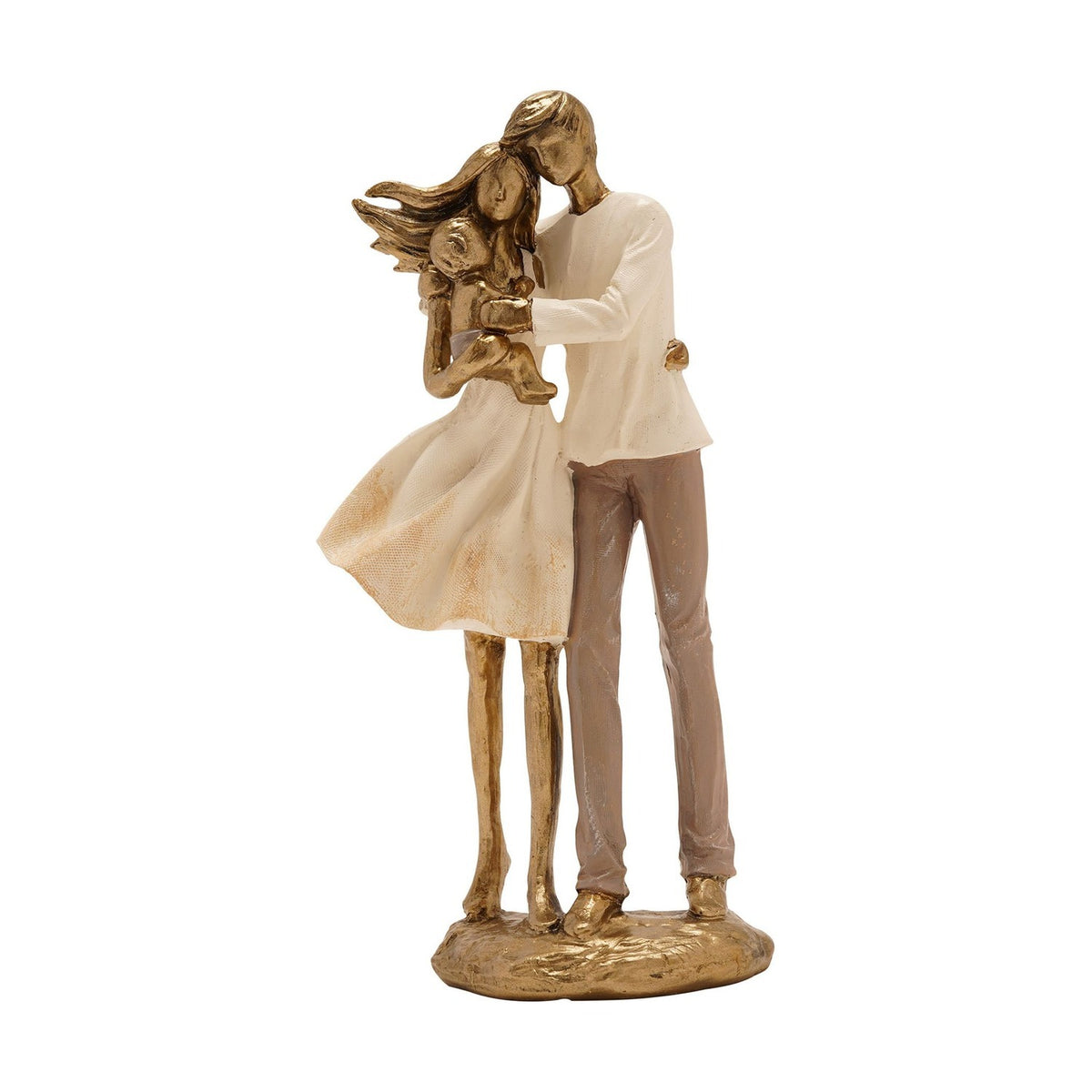 Resin family figurine in cream and gold showing a couple embracing with a baby, the woman's hair and skirt swept to one side, set on a plain white background.