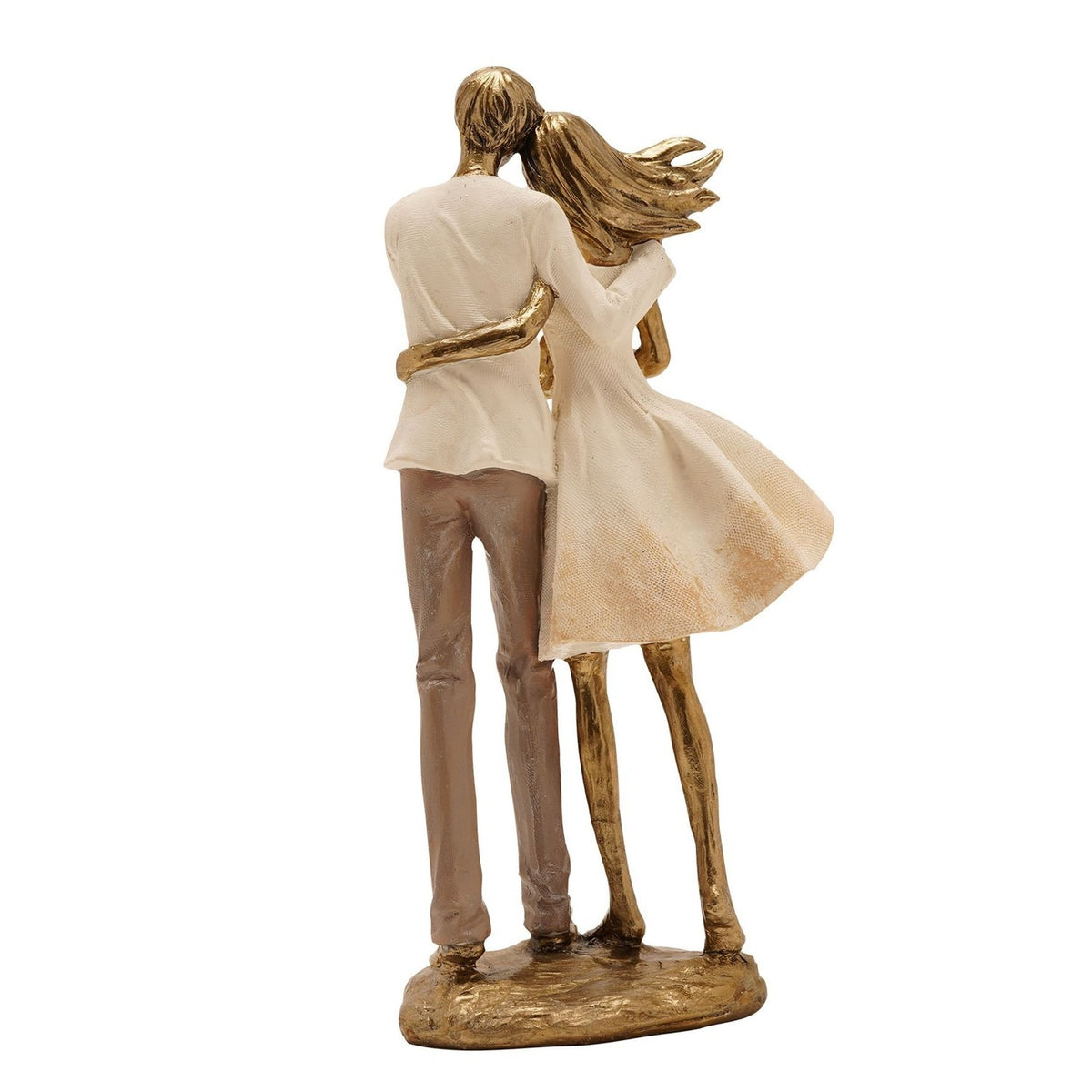 Resin figurine of a couple embracing from behind in cream clothing with gold hair, legs, and arms, her skirt swept to one side, on a gold base against a white background.