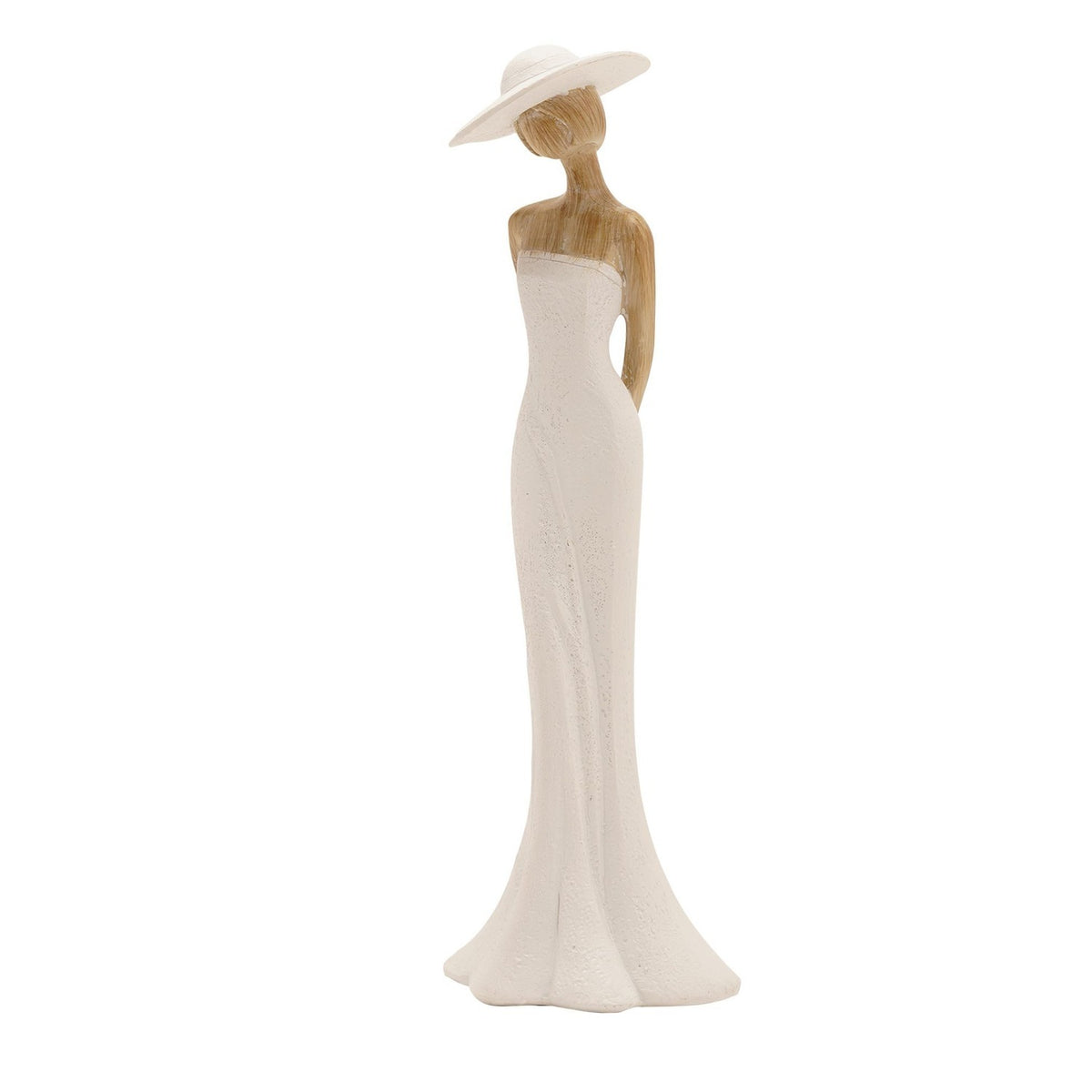 Standing Lady in Wide Hat resin figurine with a cream strapless floor-length gown and natural wood-effect hair, shoulders and arms, shown against a plain white background.