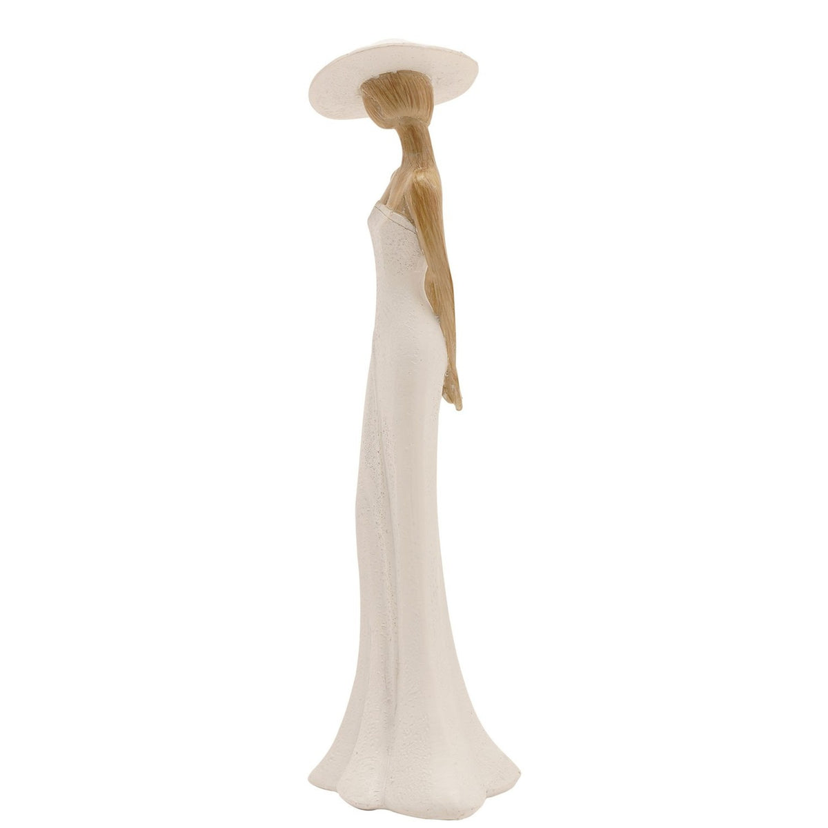Standing Lady in Wide Hat resin figurine shown in profile, cream strapless gown flaring at the hem with natural wood-effect hair and arms, set against a plain white background.
