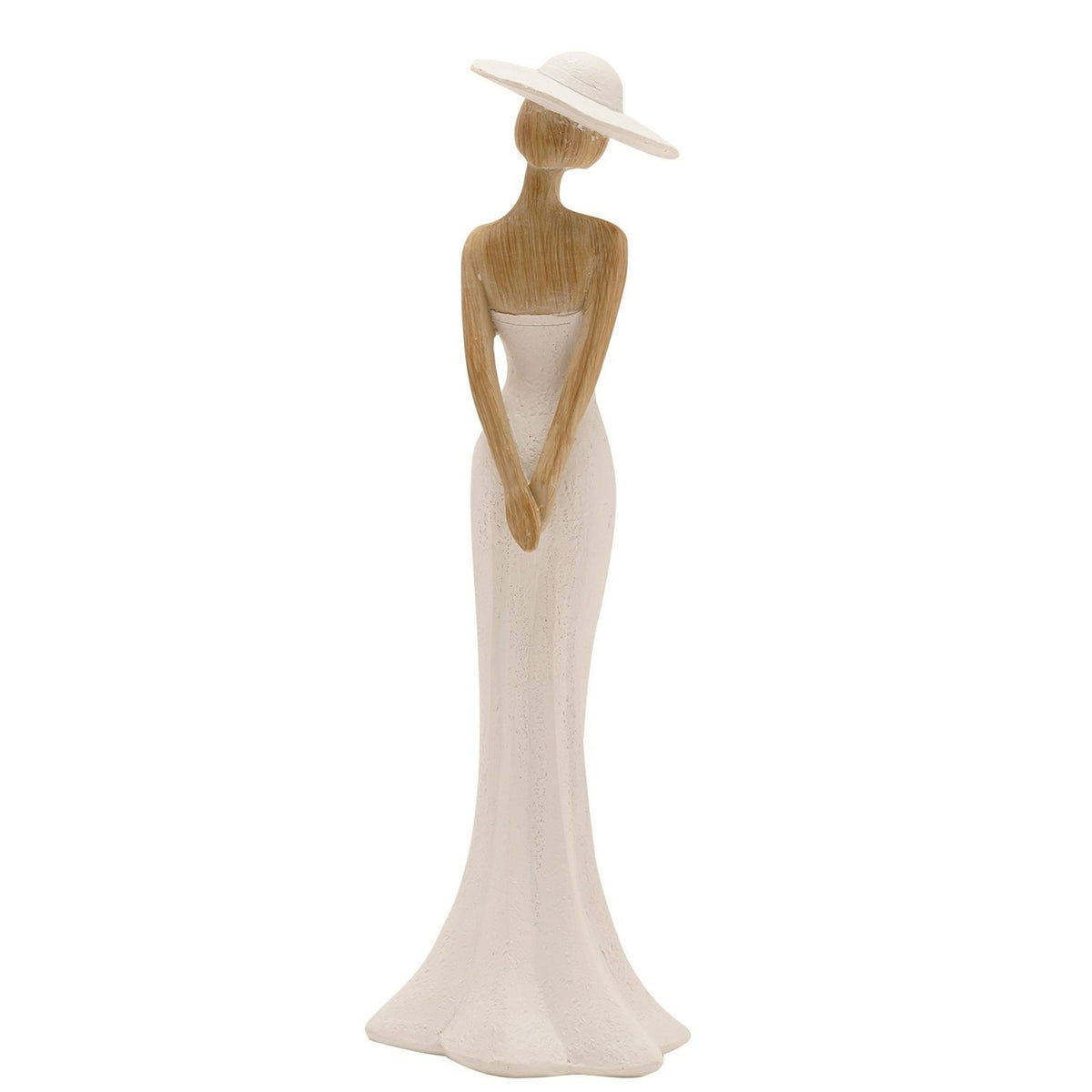 Standing Lady in Wide Hat resin figurine with cream gown and wide-brimmed hat, natural wood-effect hair, shoulders and arms, on a plain white background.