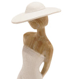 Close-up of the Standing Lady in Wide Hat resin figurine, cream wide-brimmed hat and strapless gown with natural wood-effect hair and shoulders, on a plain white background.