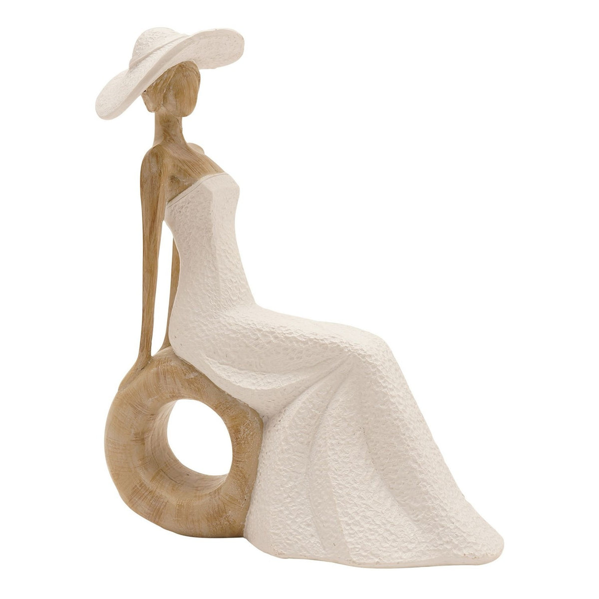 Seated Lady in Brimmed Hat Resin Figurine - Cream & Natural