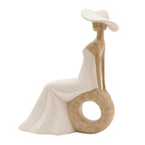 Seated Lady in Brimmed Hat Resin Figurine - Cream & Natural
