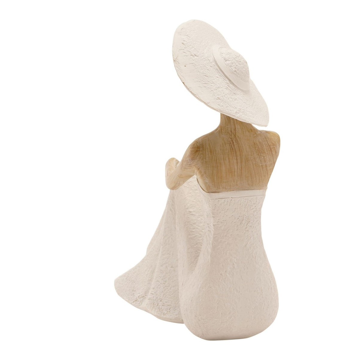 Rear view of the Floor Seated Lady Resin Figurine with Hat, showing a wide-brimmed cream hat, textured cream gown, and natural-finish shoulders, on a plain white background.