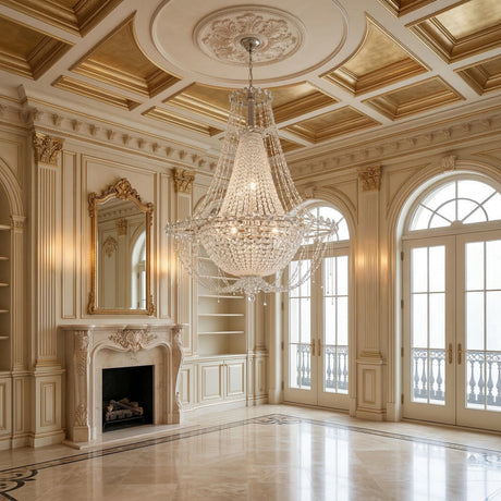 Elegant room featuring the Amara 6 Light K9 Crystal Small Chandelier in chrome, an intricate ceiling, marble fireplace with gold-framed mirror, tall windows, and cream walls with gold accents for contemporary glamour.