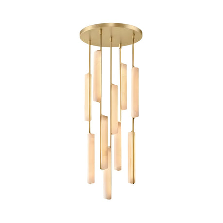 Niori Selvara 10 Light Alabaster Cluster Chandelier in brushed brass with slim white alabaster bars suspended at staggered heights from a round canopy.