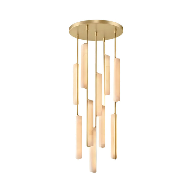 Niori Selvara 10 Light Alabaster Cluster Chandelier in brushed brass with slim white alabaster bars suspended at staggered heights from a round canopy.