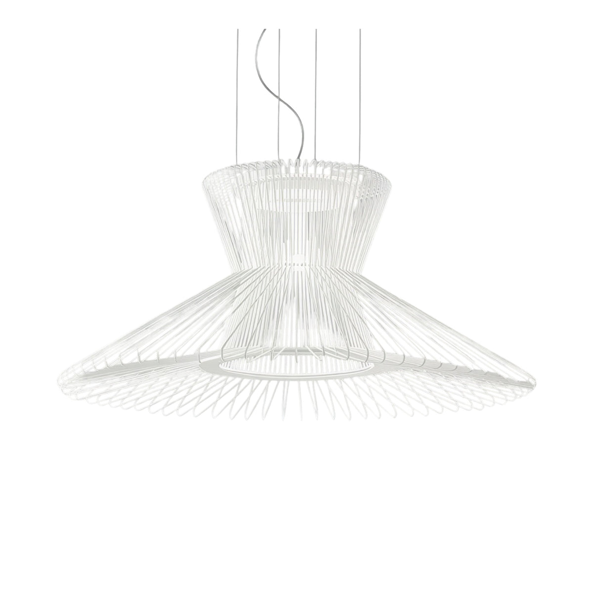 Impossible Flared Pendant Light 85cm in white woven metal mesh, featuring a waisted crown that opens into a wide flared skirt, shown on a plain white background.