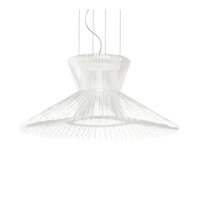 Impossible Flared Pendant Light 85cm in white woven metal mesh, featuring a waisted crown that opens into a wide flared skirt, shown on a plain white background.