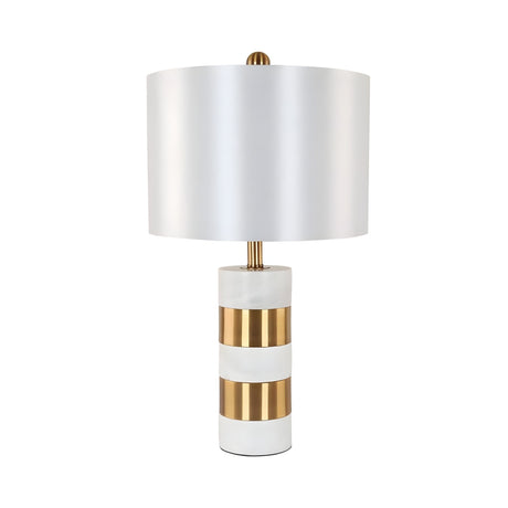 The Arvella 1 Light Striped Marble Table Lamp in white and gold features a cylindrical base and a large white drum shade, adding modern elegance to any room.