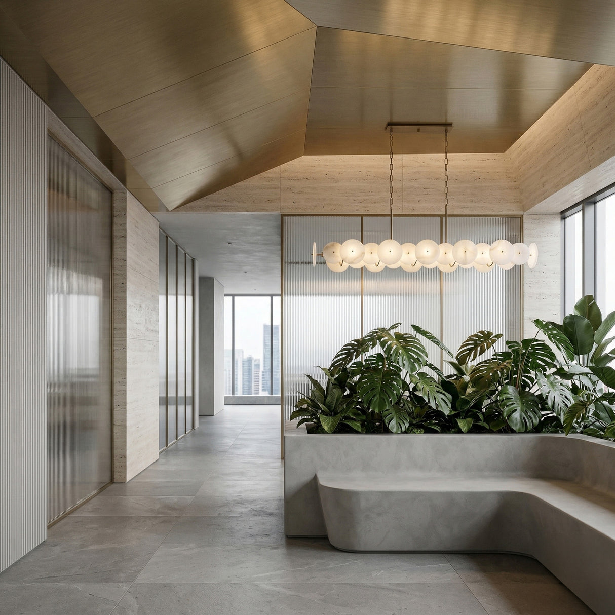 A modern, minimalist interior with large windows, a sculpted gray bench, lush green plants, neutral walls, marble floors, and a gold ceiling featuring the Solaryn LED Linear Disc Alabaster Linear Suspension Light in soft white & brass. City views outside.