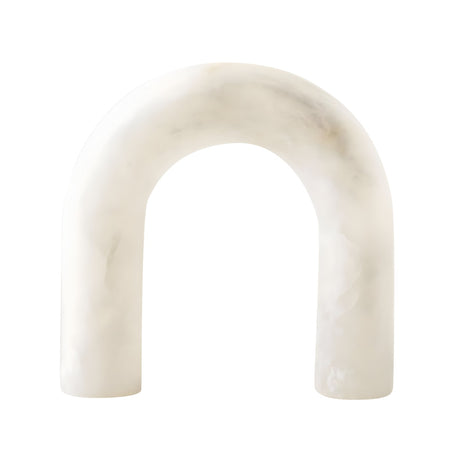 The Arcella LED Sculpted Arch Alabaster Table Lamp – Soft White features a smooth white arch with rounded edges and dual thick supports, crafted from Spanish alabaster, and is showcased against a plain white background.