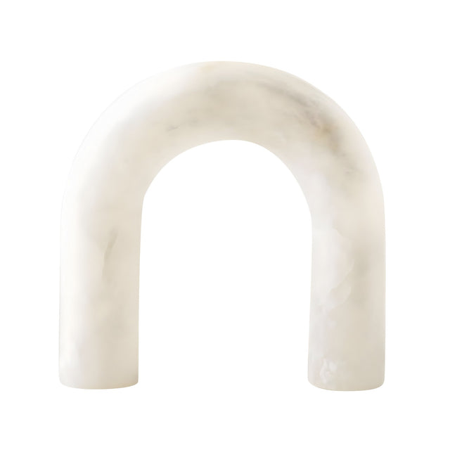 The Arcella LED Sculpted Arch Alabaster Table Lamp – Soft White features a smooth white arch with rounded edges and dual thick supports, crafted from Spanish alabaster, and is showcased against a plain white background.