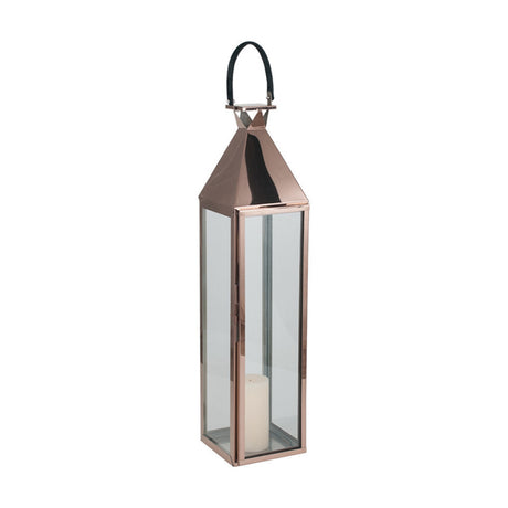Copper Stainless Steel & Glass Large Lantern, 96cm tall with a pyramid roof, black leather handle and glass panels around a white pillar candle, shown on a plain white background.
