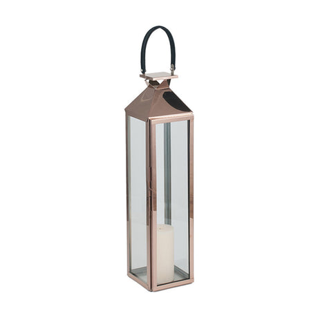 Copper stainless steel and glass medium lantern, 76cm tall, tapered pyramid top with black leather handle, clear glass panels and a pillar candle inside, on a plain white background.