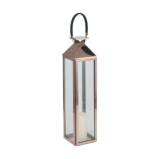Copper stainless steel and glass medium lantern, 76cm tall, tapered pyramid top with black leather handle, clear glass panels and a pillar candle inside, on a plain white background.
