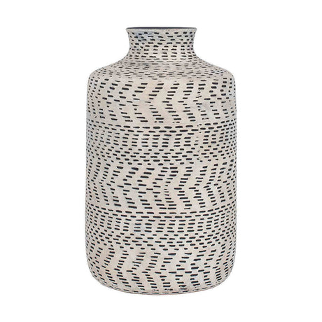 Atouk stoneware vase, 28cm, natural body with black dashed Aztec-style pattern in a chevron layout, narrow neck, set against a plain white background.