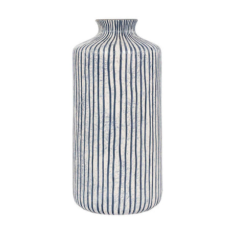 Bude Blue & White Stoneware Stripe Design Vase, 36cm tall, tall cylindrical stoneware body with narrow neck and vertical ribbed stripes, blue and white finish, shown against a plain white background.